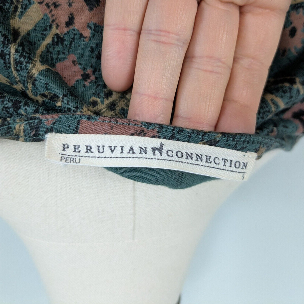 Peruvian Connection Mini Dress S Teal Green Long Sleeve Floral Shift Work Black - Picture 8 of 9